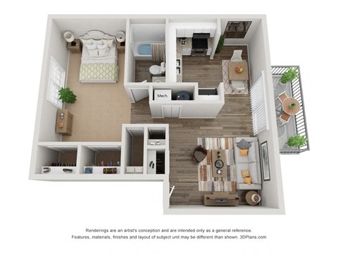 Floor plan for 1 bed, 1 bath, 678 sqft